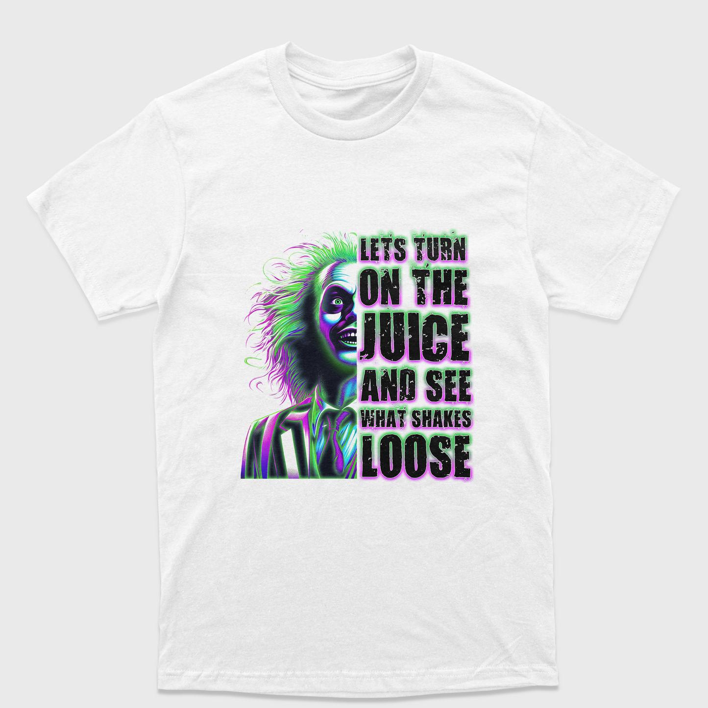 Camiseta Básica Unissex Lets Turn On The Juice Beetlejuice
