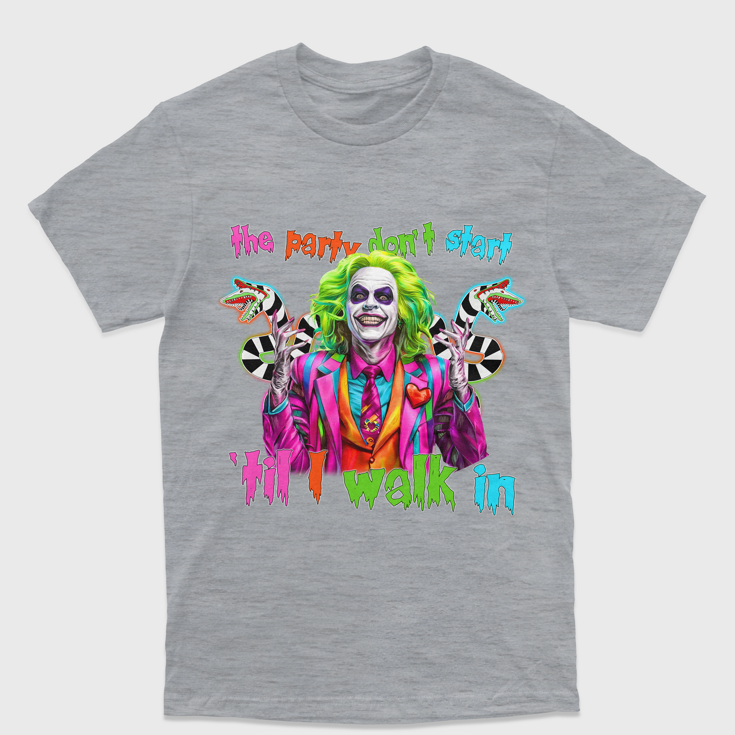 Camiseta Básica Unissex The Party Don't Start Beetlejuice