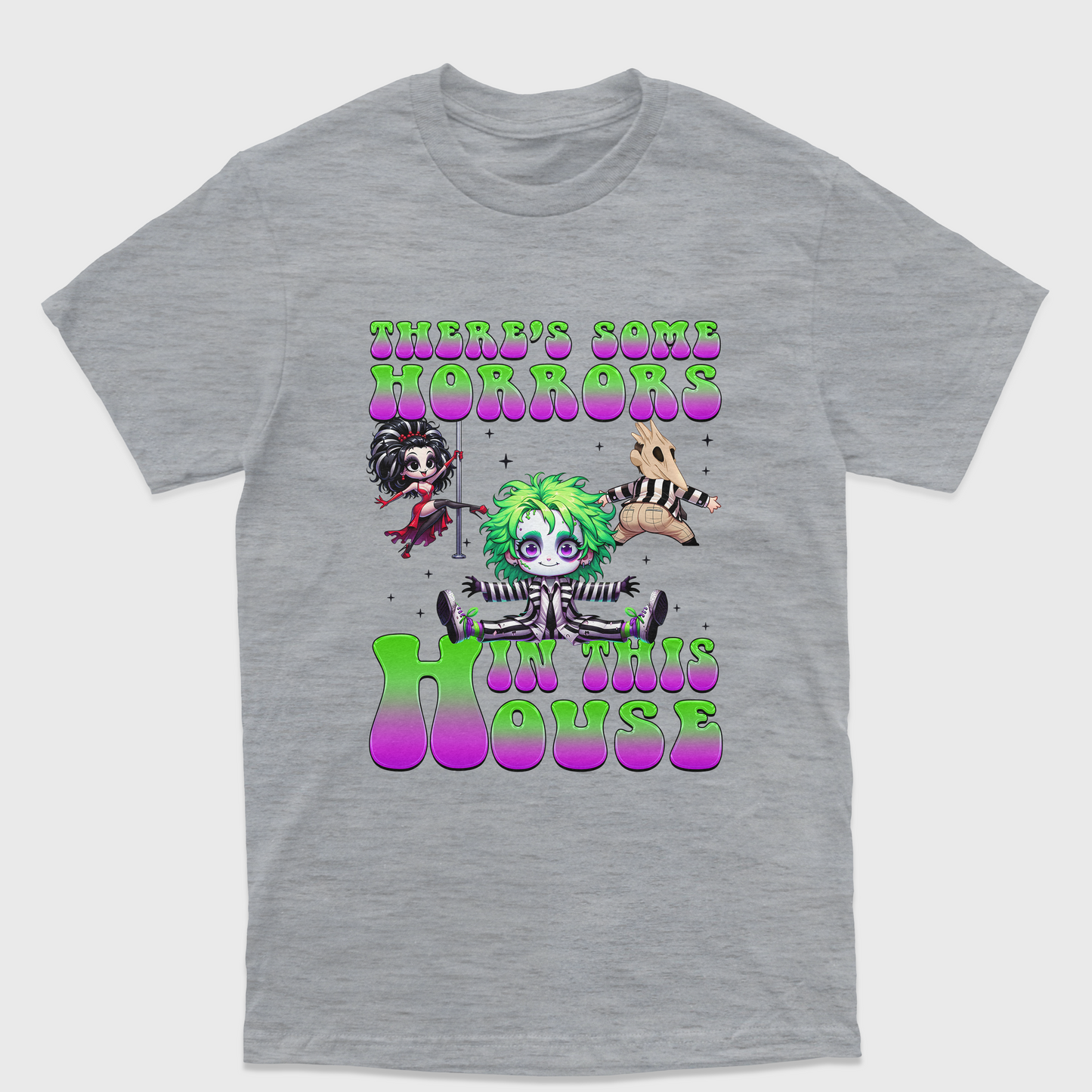 Camiseta Básica Unissex There's Some Horror In The House Beetlejuice