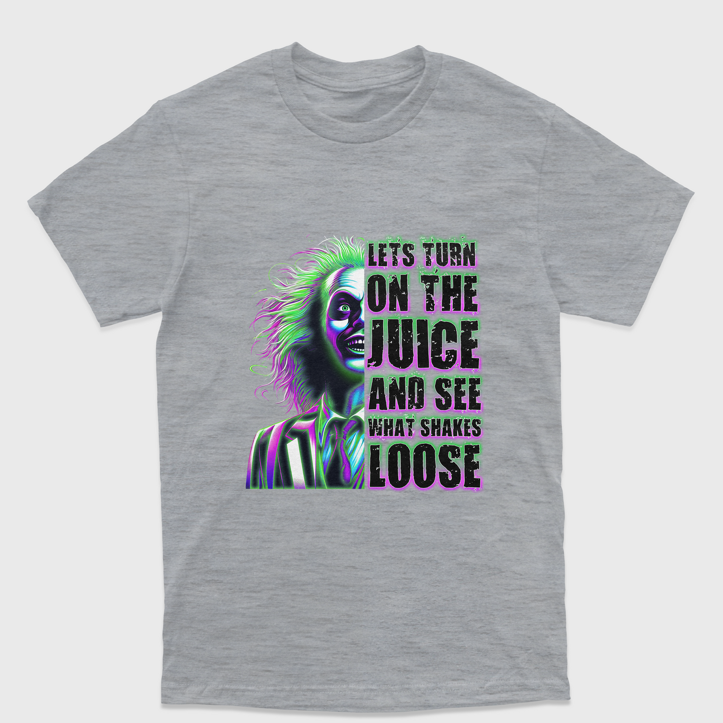 Camiseta Básica Unissex Lets Turn On The Juice Beetlejuice