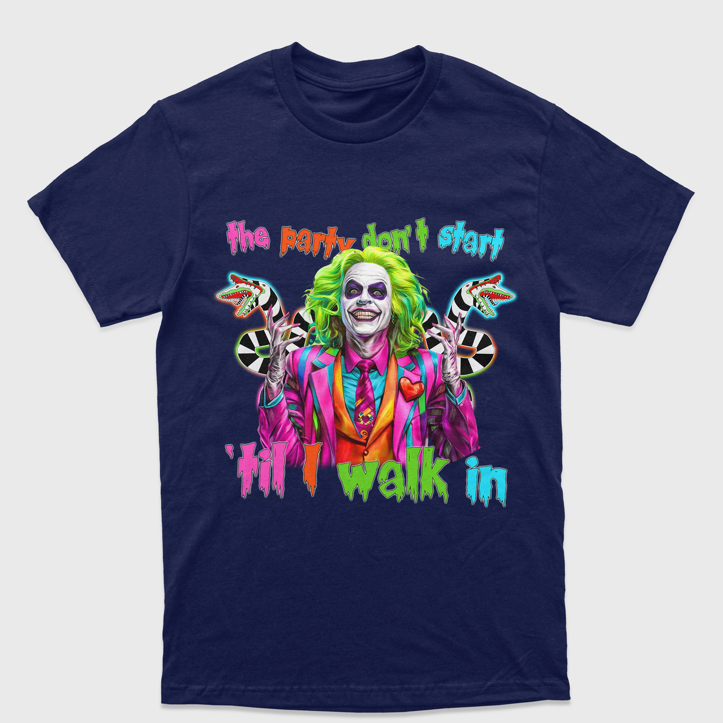 Camiseta Básica Unissex The Party Don't Start Beetlejuice