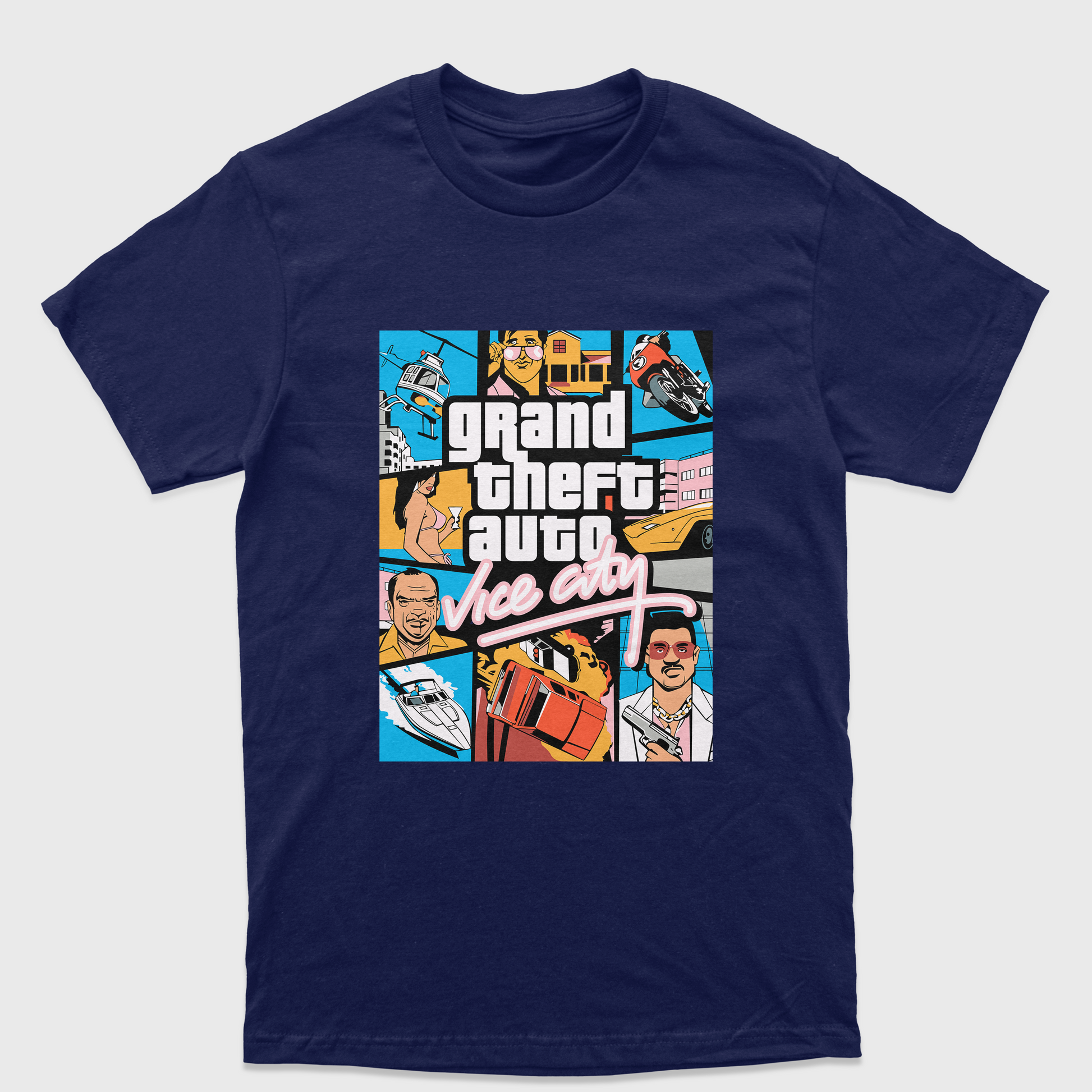 Camiseta Básica Unissex Grand Theft Auto Vice City-AZUL MARINHO