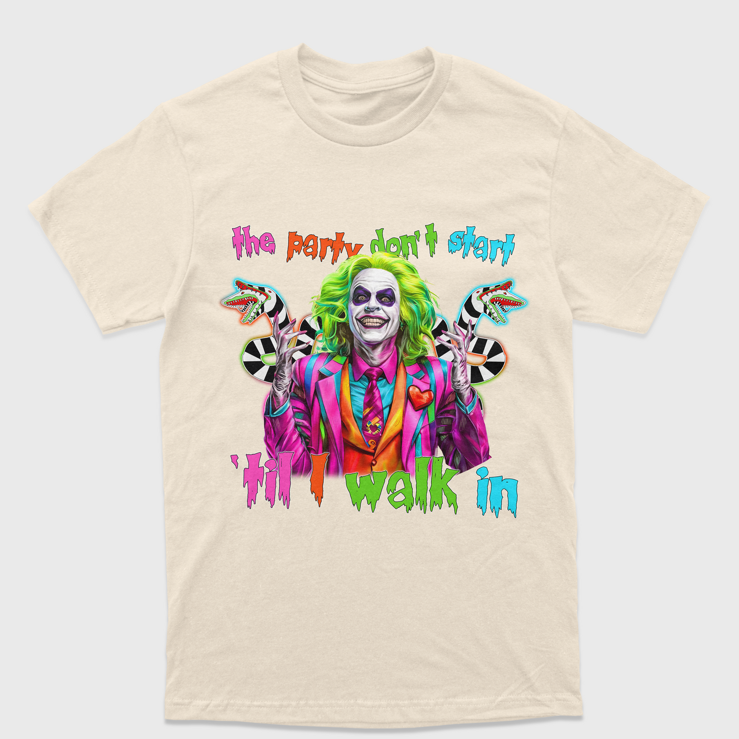 Camiseta Básica Unissex The Party Don't Start Beetlejuice