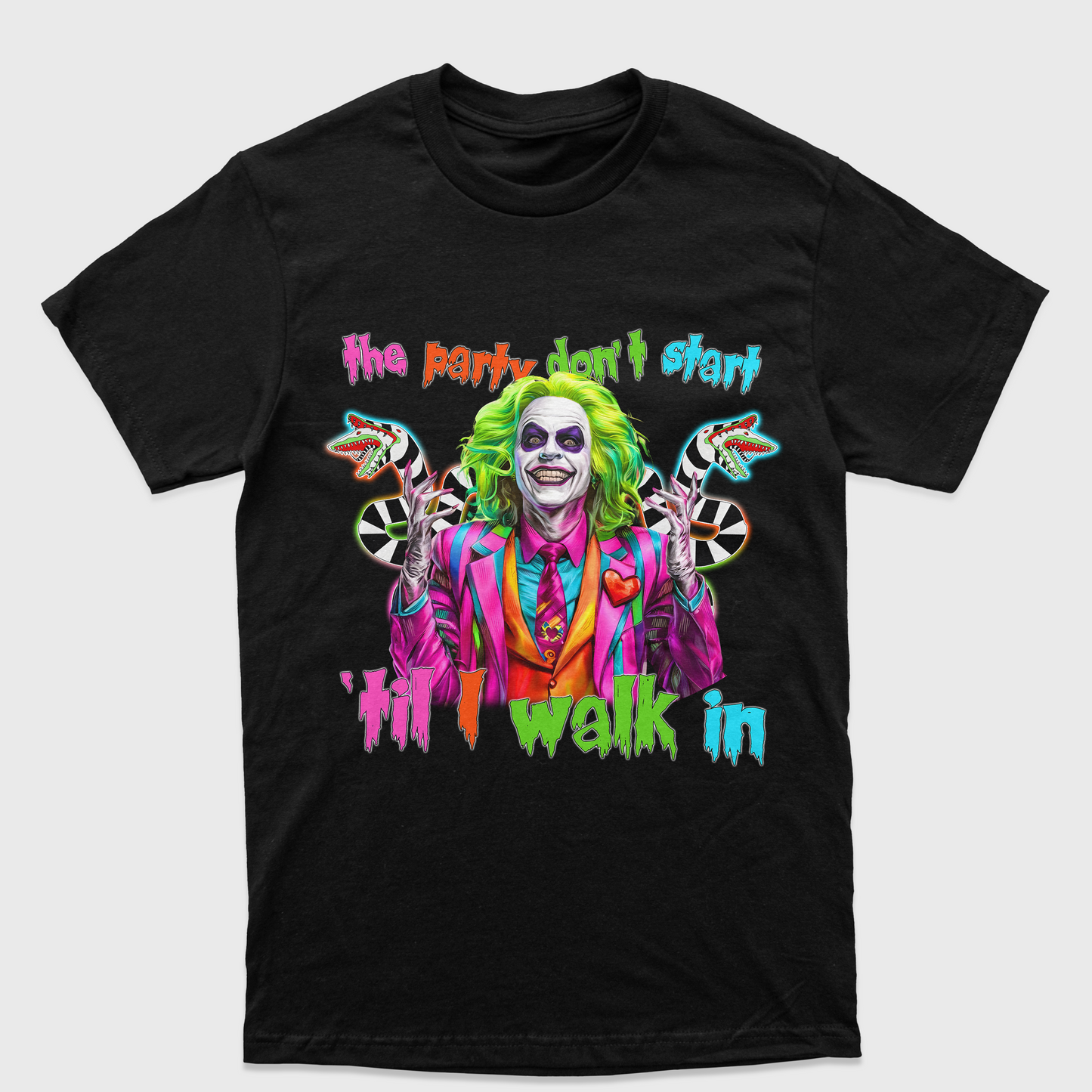 Camiseta Básica Unissex The Party Don't Start Beetlejuice