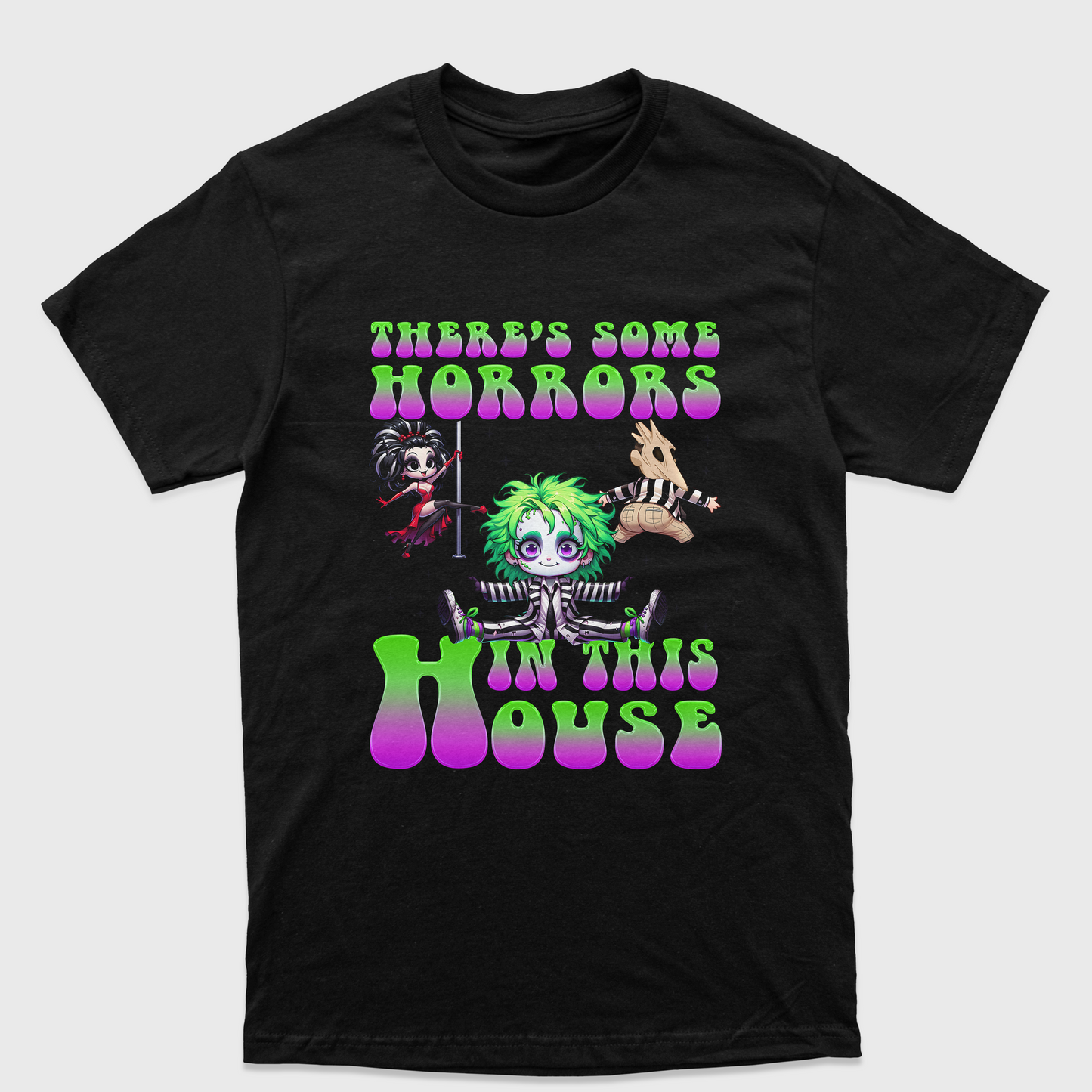 Camiseta Básica Unissex There's Some Horror In The House Beetlejuice