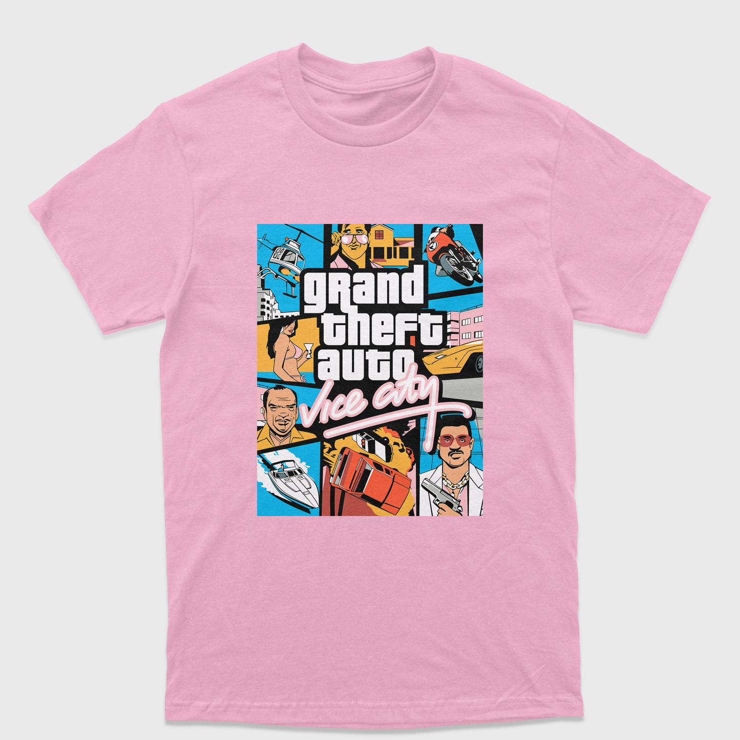 Camiseta Básica Unissex Grand Theft Auto Vice City-ROSA BEBE