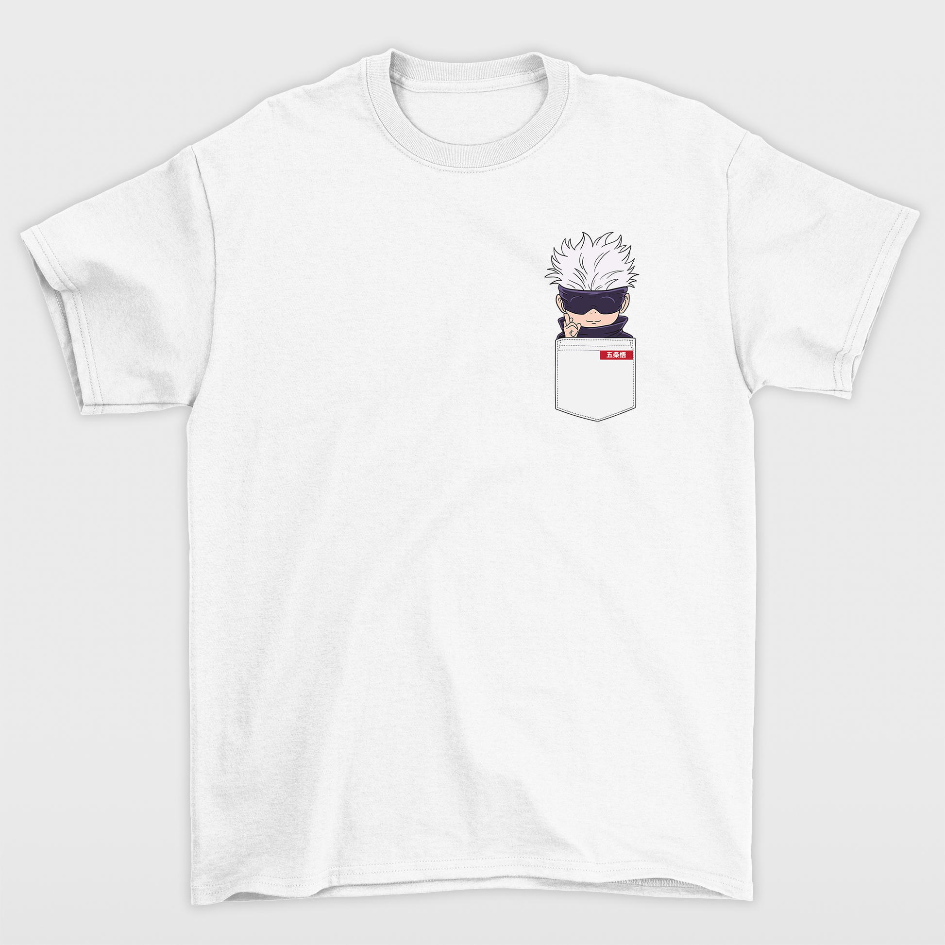 Camiseta Básica Unissex Gojo Satoru Kawaii Pocket Jujutsu Kaisen-branco