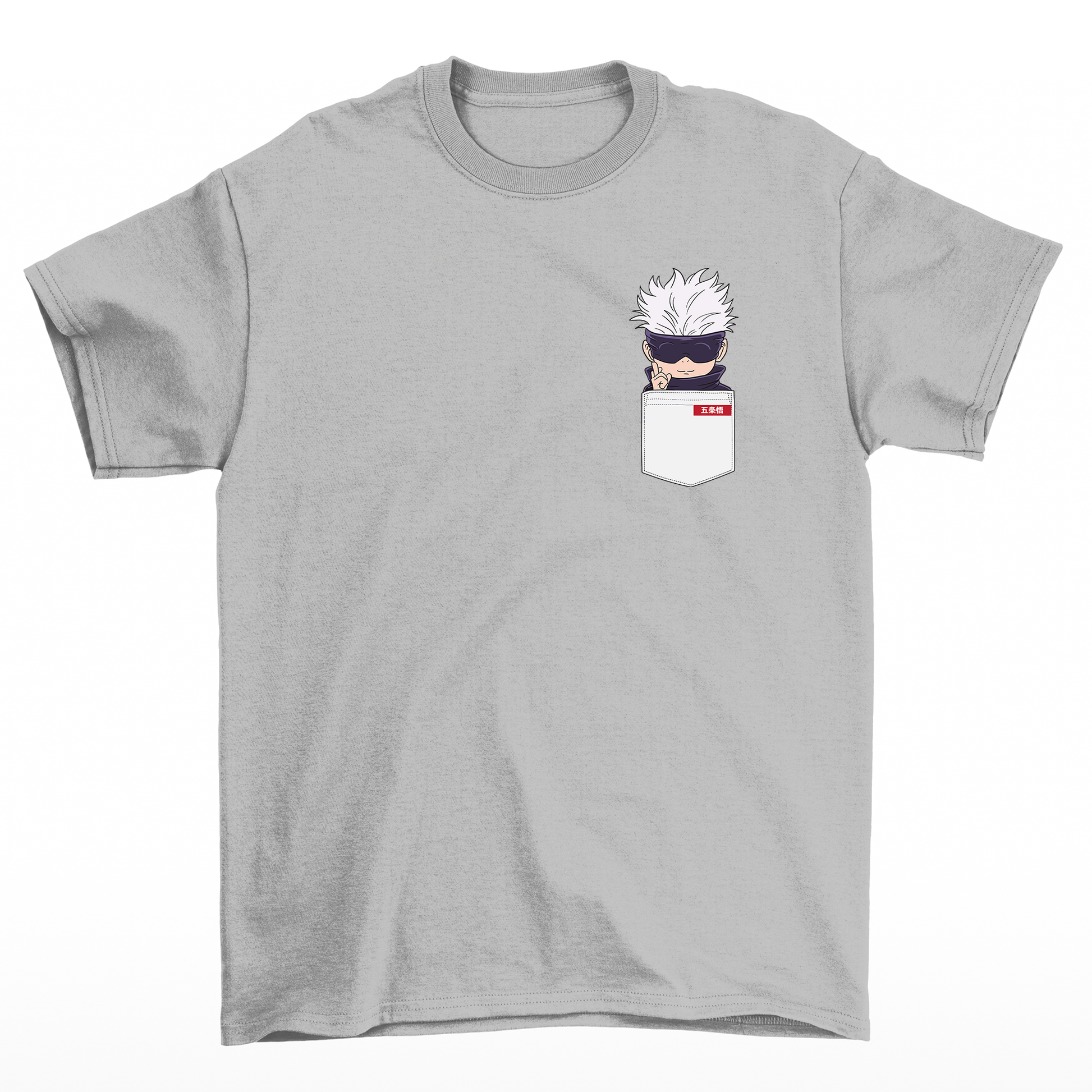 Camiseta Básica Unissex Gojo Satoru Kawaii Pocket Jujutsu Kaisen-cinza