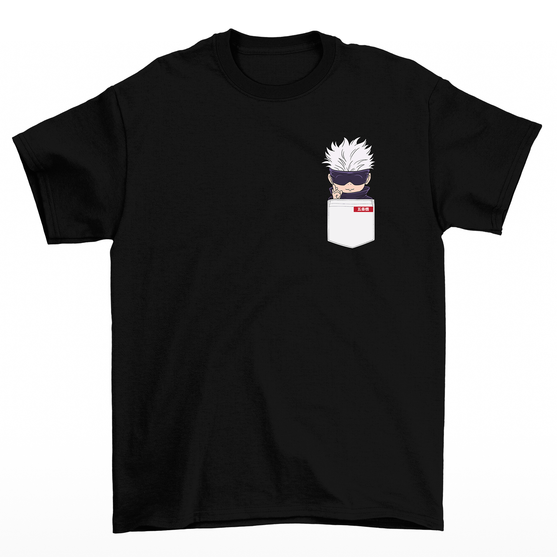 Camiseta Básica Unissex Gojo Satoru Kawaii Pocket Jujutsu Kaisen-preto