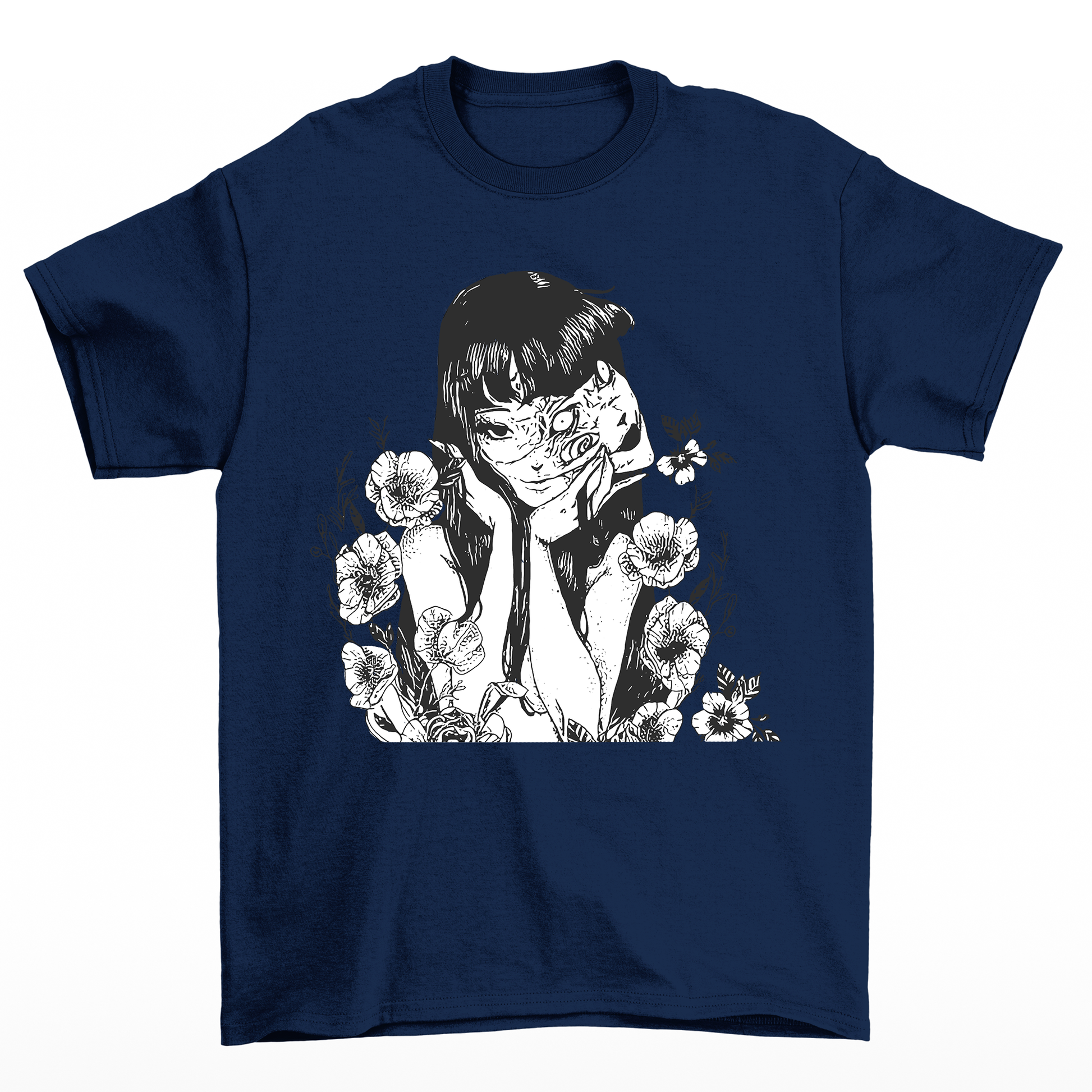 Camiseta Básica Unissex Tomie Junji Ito Flowers Terror-azul-marinho