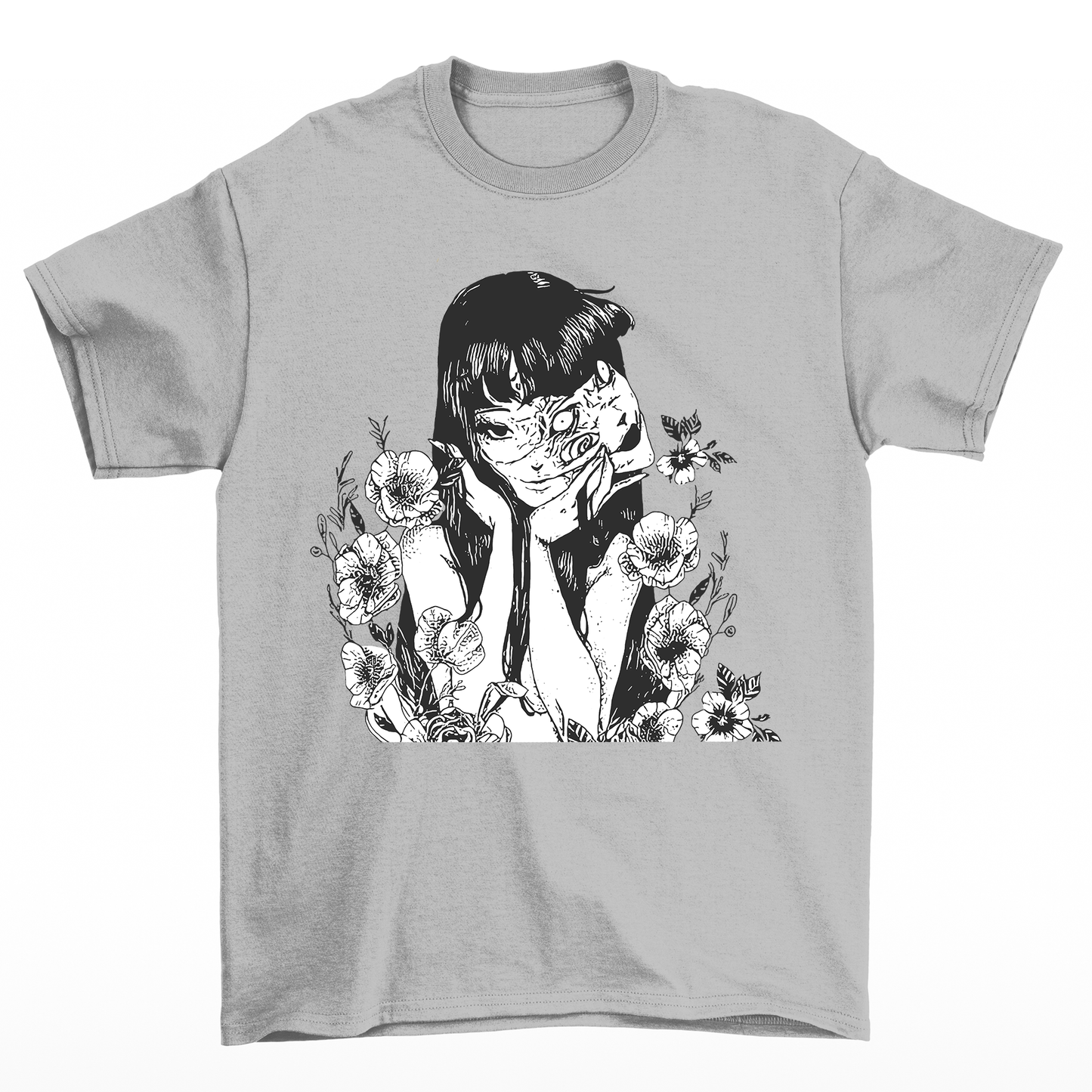 Camiseta Básica Unissex Tomie Junji Ito Flowers Terror-cinza
