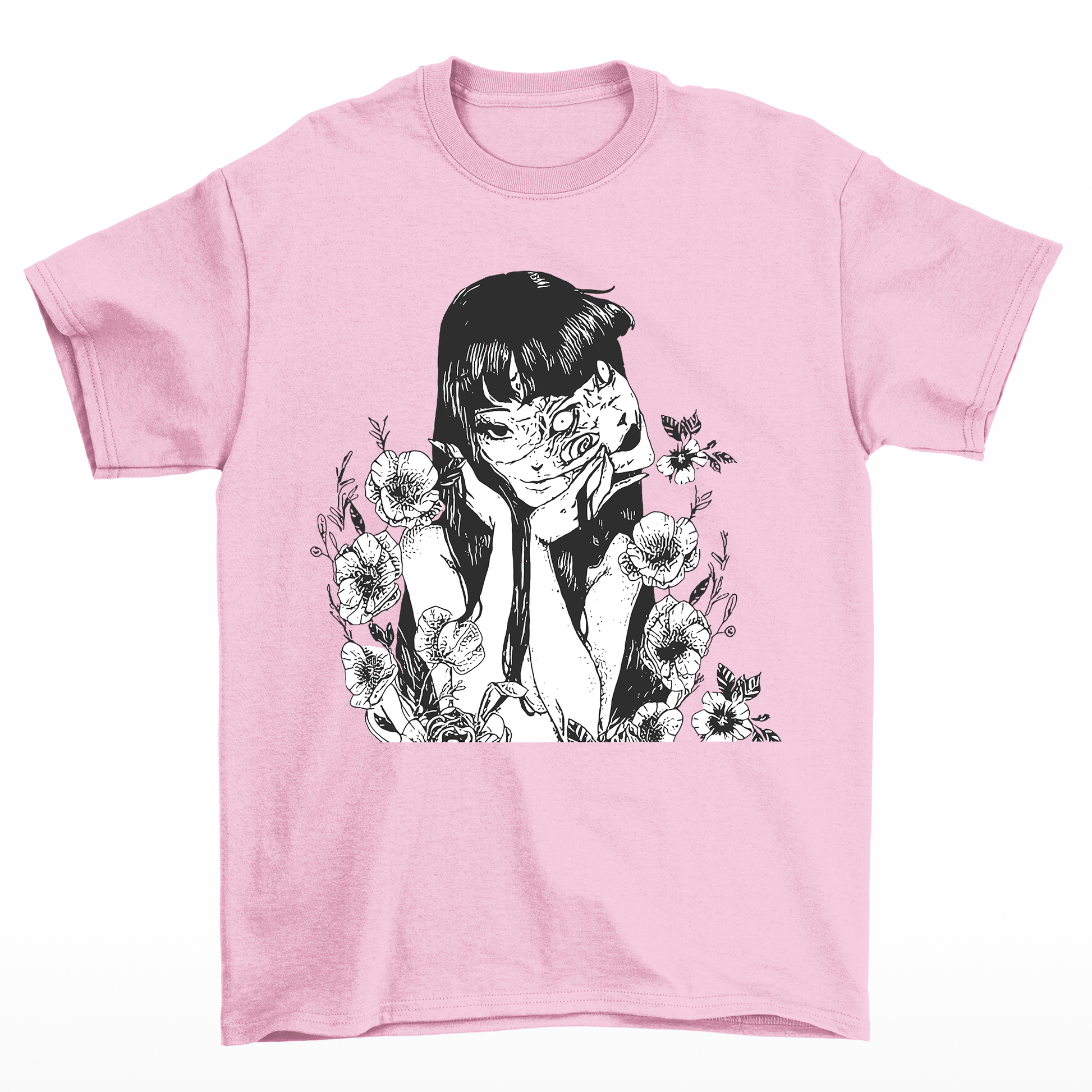Camiseta Básica Unissex Tomie Junji Ito Flowers Terror-rosa bebe