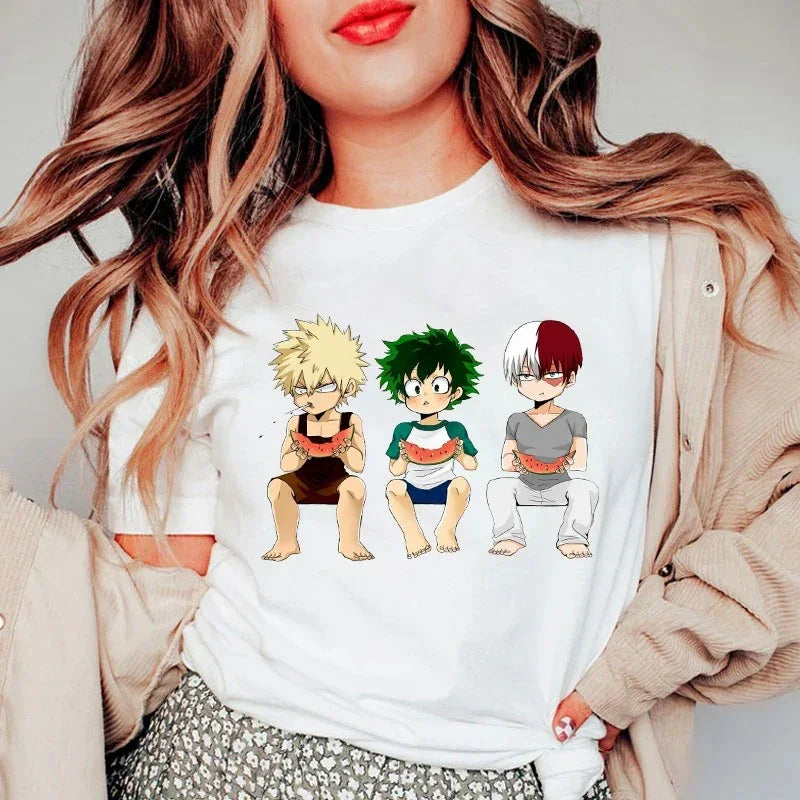 Camiseta Básica Branca Penonagens  Katsuki Bakugo - Izuku Midoriya - Shoto Todoroki do anime My Hero Academia