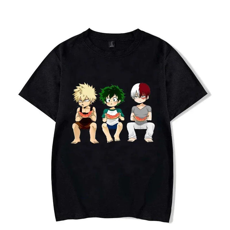 Camiseta Básica Preta Penonagens  Katsuki Bakugo - Izuku Midoriya - Shoto Todoroki do anime My Hero Academia
