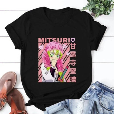 Camiseta Básica Preta Mitsuri Kanroji do anime Kimetsu no Yaiba