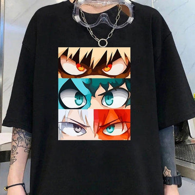 Camiseta Básica Preta Bakugo,  Midorya And Todoroki My Hero Academia reta 