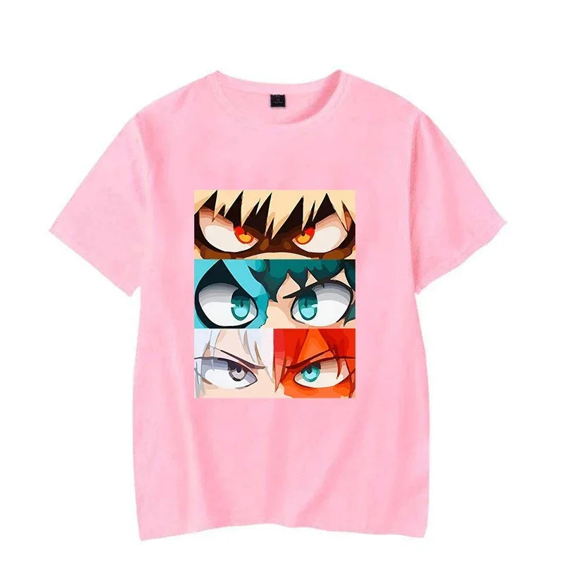 Camiseta Básica Rosa Bebe Bakugo,  Midorya And Todoroki My Hero Academia 