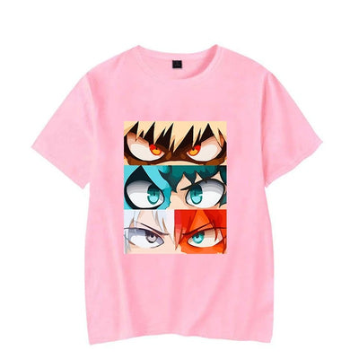 Camiseta Básica Rosa Bebe Bakugo,  Midorya And Todoroki My Hero Academia 