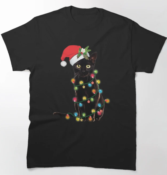 Camiseta Básica Unissex Gorro Natal Gato
