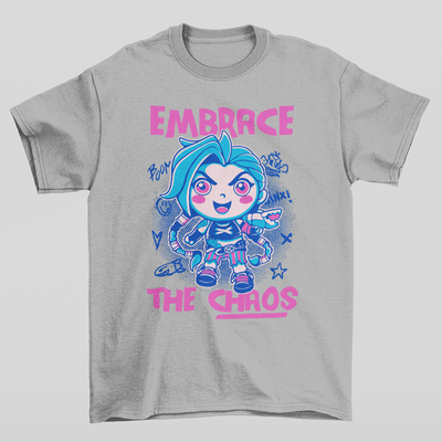 Camiseta Básica Unissex Embrace The Chaos jinx Cinza