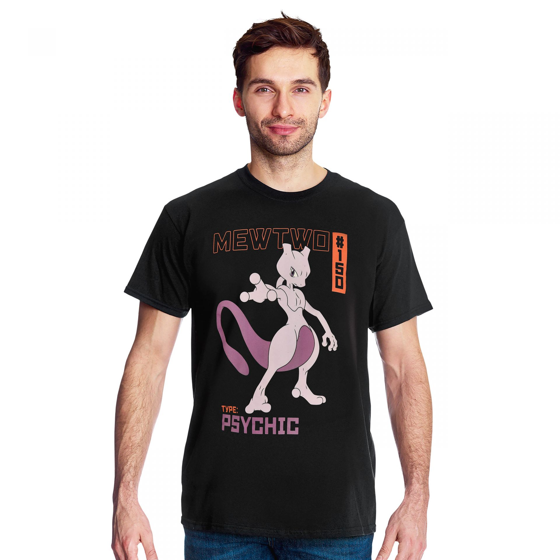 Homem usando Camiseta Básica Unissex preta Mewtwo Type Psychic