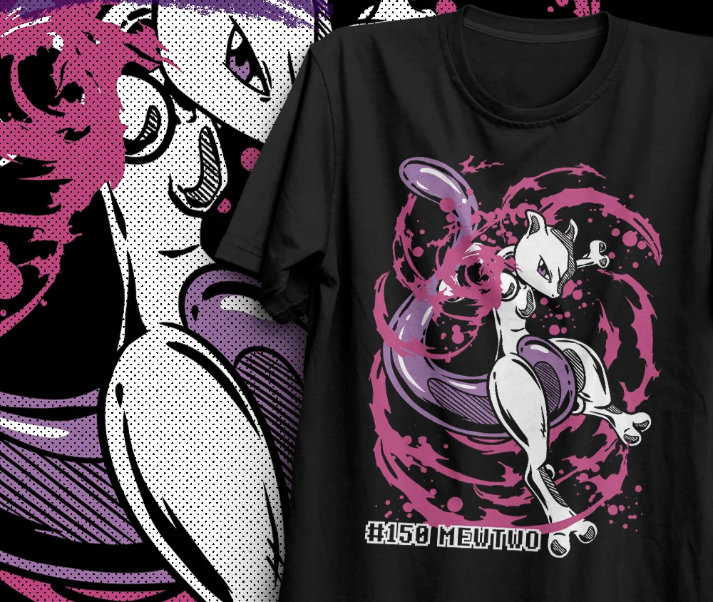 Camiseta Básica Unissex Pokemon Mewtwo- Preto