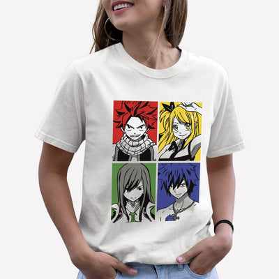 Camiseta Básica Erza Lucy Natsu e Gray Fairy Tail Branco
