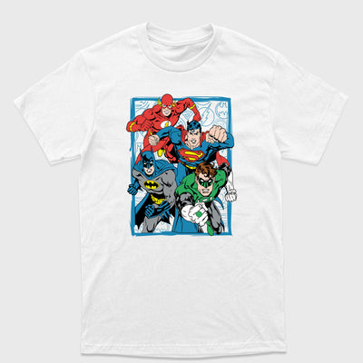 Camiseta Básica Liga Justiça Personagens Branco