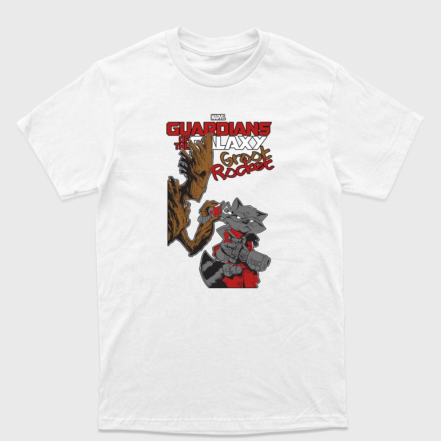 Camiseta Básica Groot e Rocket Guardiões da Galáxia Branco