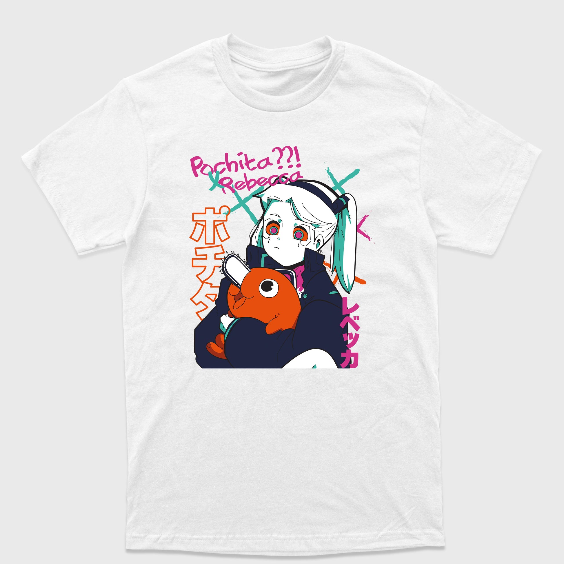 Camiseta Básica Rebecca Cyberpunk e Pochita Chainsaw Man