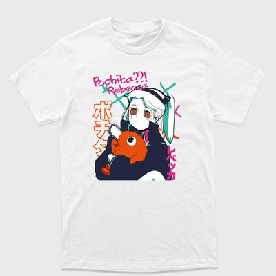 Camiseta Básica Rebecca Cyberpunk e Pochita Chainsaw Man