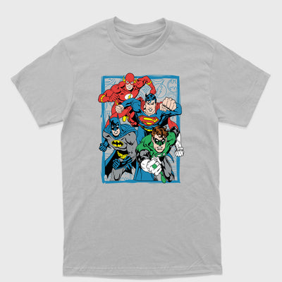 Camiseta Básica Liga Justiça Personagens Cinza 