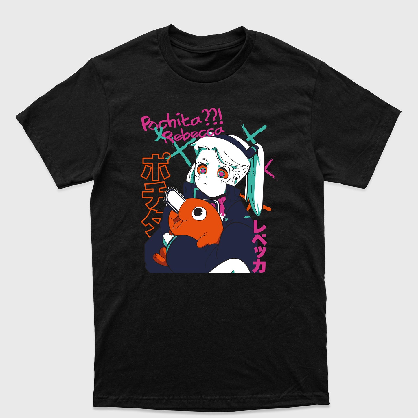 Camiseta Básica Rebecca Cyberpunk e Pochita Chainsaw Man