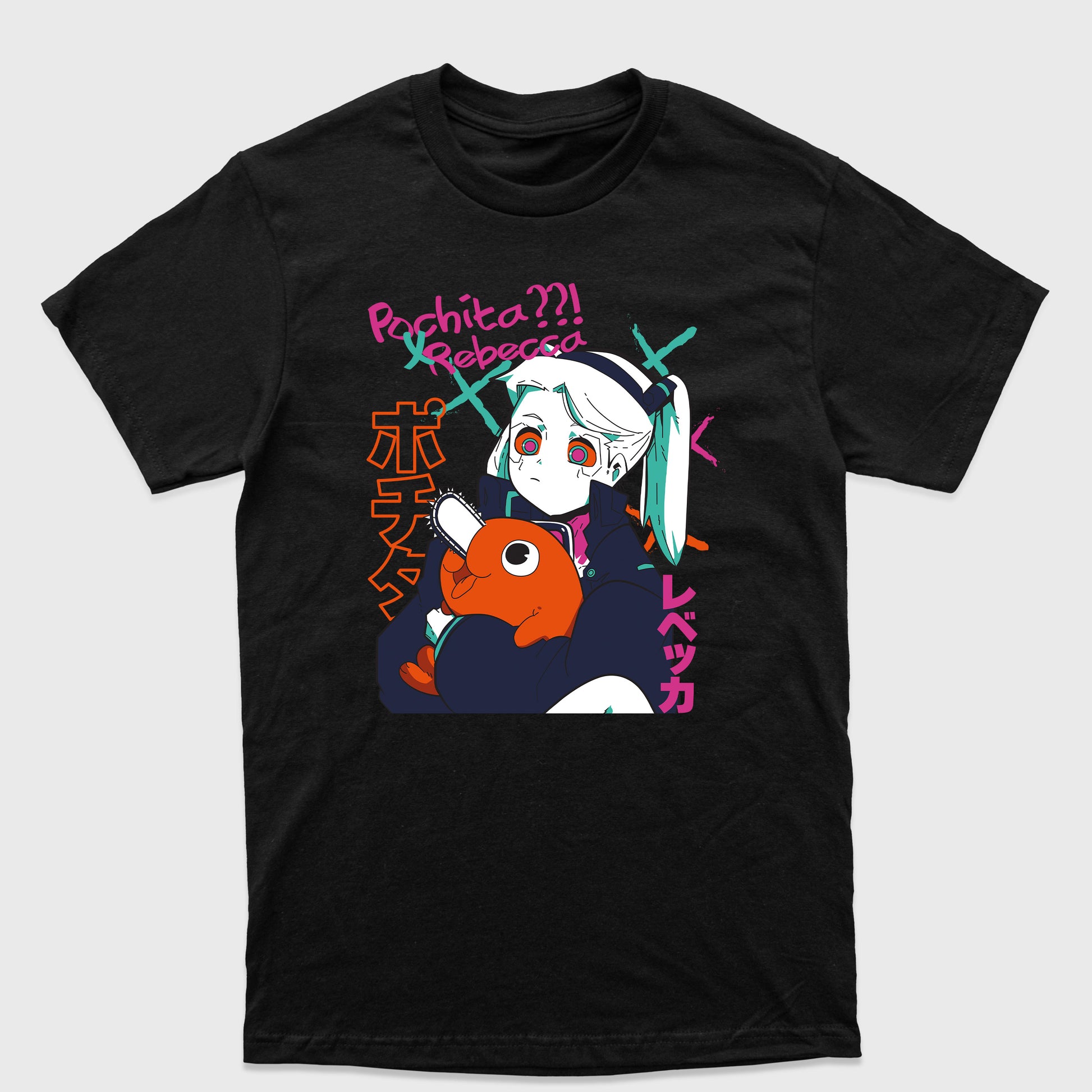 Camiseta Básica Rebecca Cyberpunk e Pochita Chainsaw Man