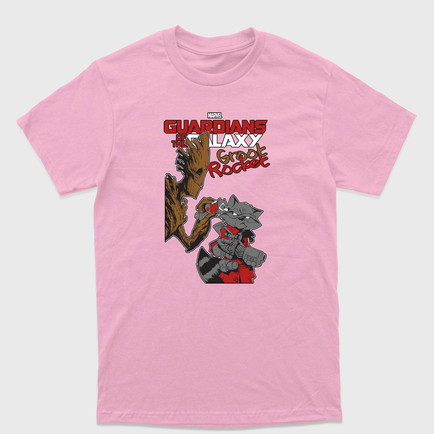 Camiseta Básica Groot e Rocket Guardiões da Galáxia Rosa Bebê