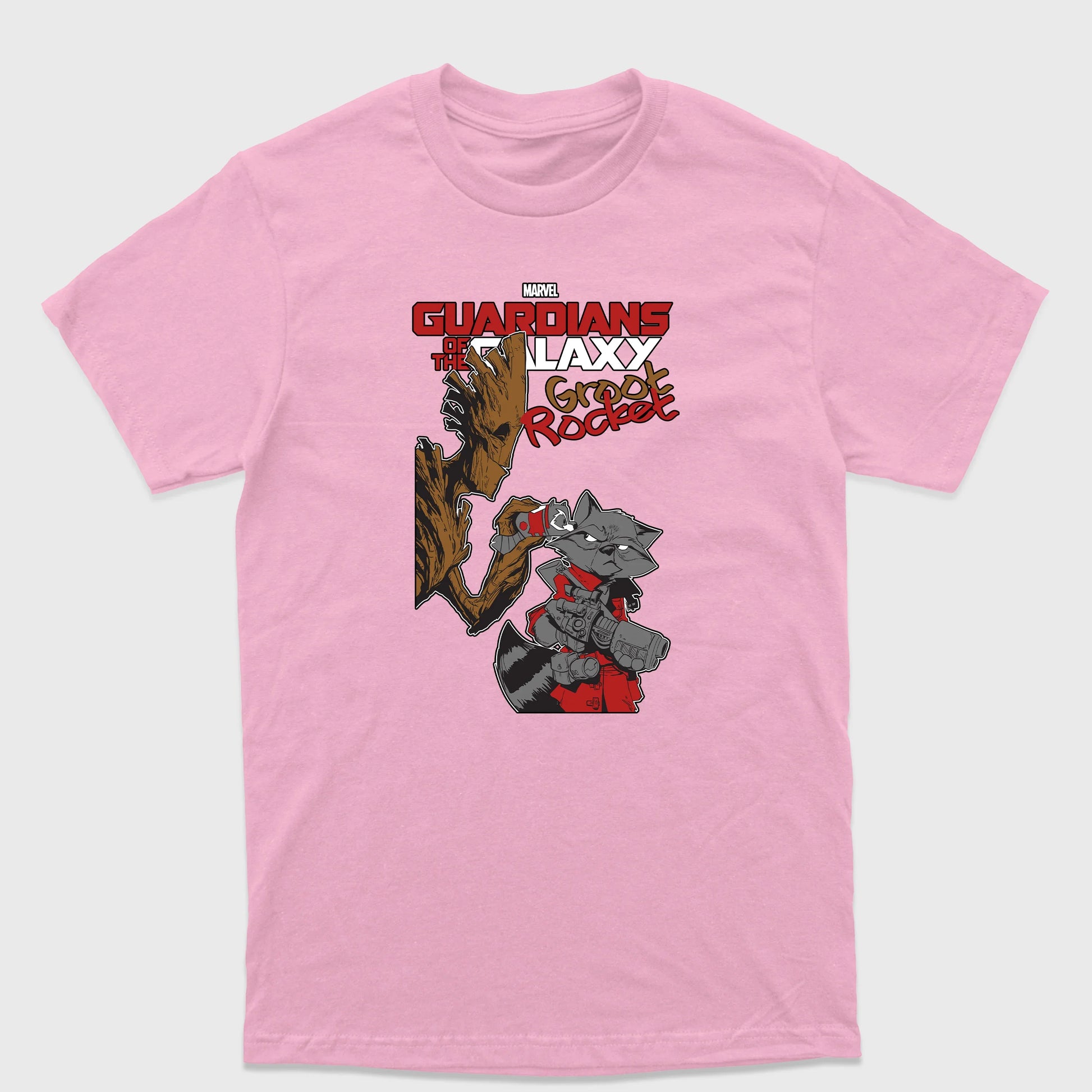 Camiseta Básica Groot e Rocket Guardiões da Galáxia Rosa Bebê