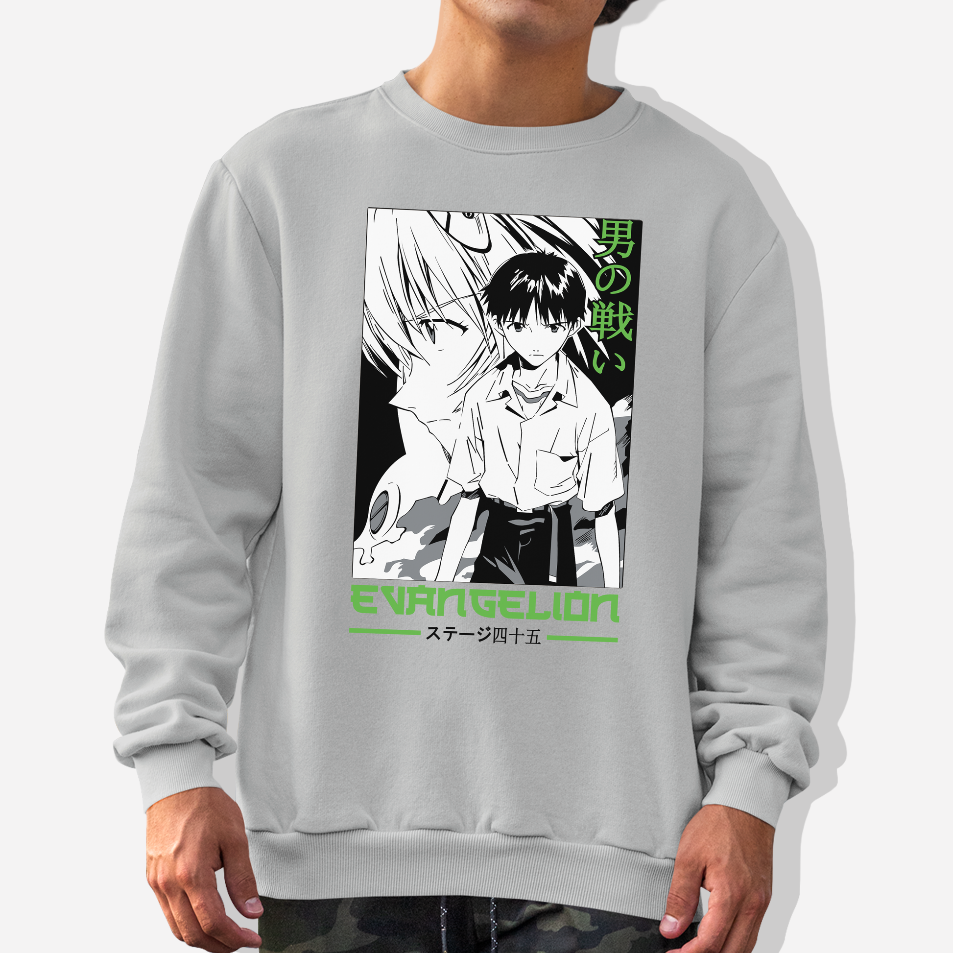 Moletom Gola Redonda Neon Genesis Evangelion Personagens Cinza